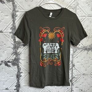 Greta Van Fleet Graphic Tee — Olive Green with Red & Yellow Artwork